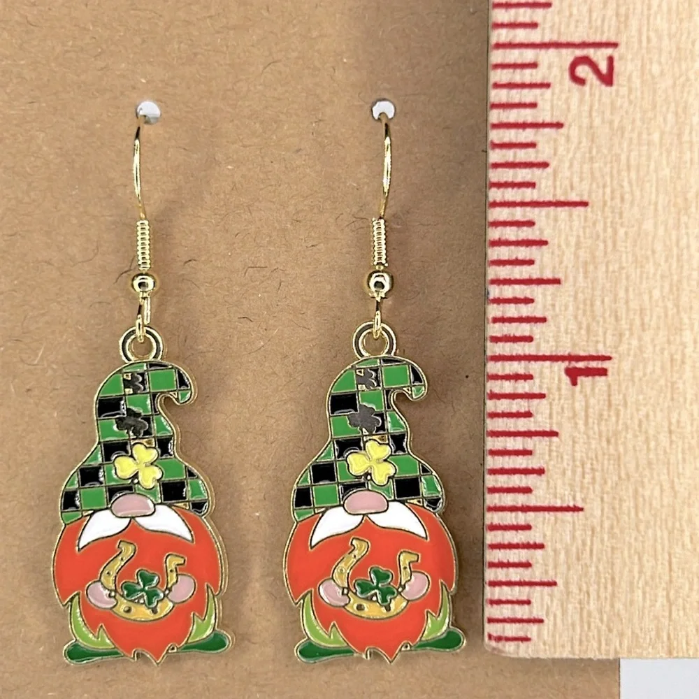 18k Gold Plated Hook Dangle Gnome Clover Earrings St. Patricks Fashion Jewelry